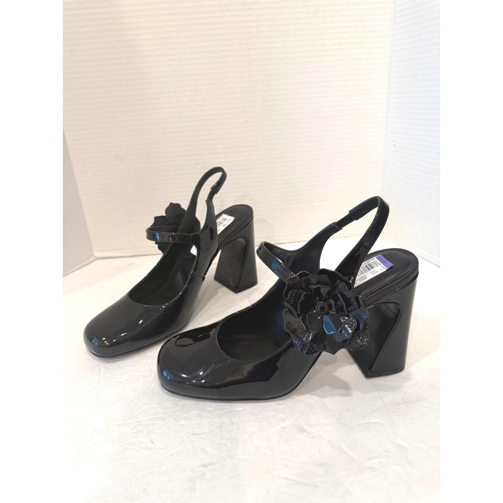 Karl Lagerfeld New Black Faux Patent Mary Jane Floral Retro Block Heel Pumps 8.5